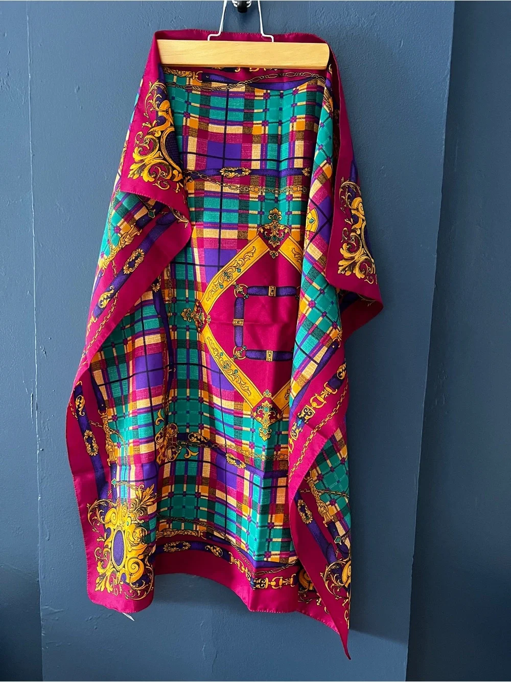 Vintage 80s 90s Italian Baroque Plaid Chain Square Scarf